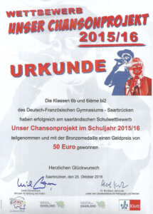 Urkunde Chansonprojekt 2015-2016